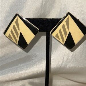 Vintage 80s Glazed Ceramic Geometric Black and Cream Earrings Post Backs